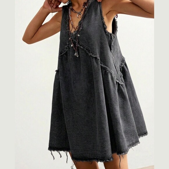 Dresses & Skirts - Charcoal Denim Mini Dress with Distressed Edges